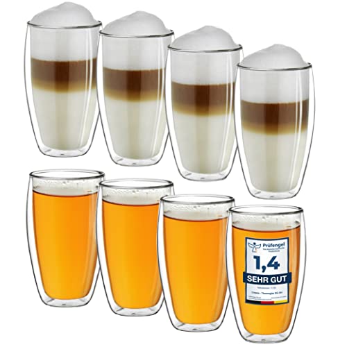 Creano Thermogläser doppelwandig 250ml „DG-SH“, 8er Set, große doppelwandige Gläser aus Borosilikatglas, Kaffeegläser, Teegläser, Latte Macchiato Gläser von Creano