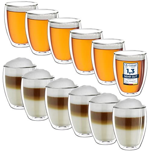 Creano Thermogläser doppelwandig 400ml „DG-Hoch“, 12er Set, große doppelwandige Gläser aus Borosilikatglas, Kaffeegläser, Teegläser, Latte Macchiato Gläser von Creano