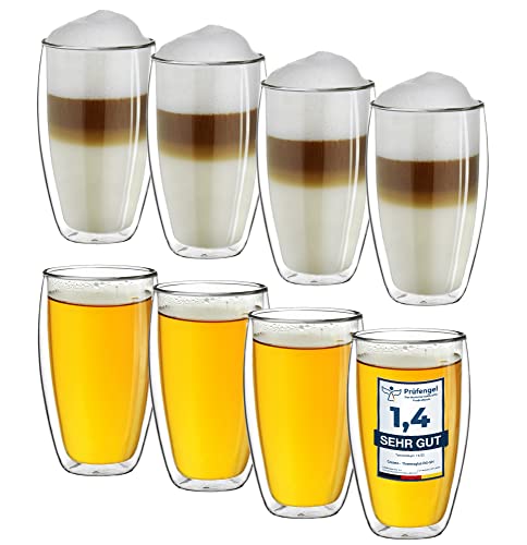Creano Thermogläser doppelwandig 400ml „DG-SH“, 8er Set, große doppelwandige Gläser aus Borosilikatglas, Kaffeegläser, Teegläser, Latte Macchiato Gläser von Creano
