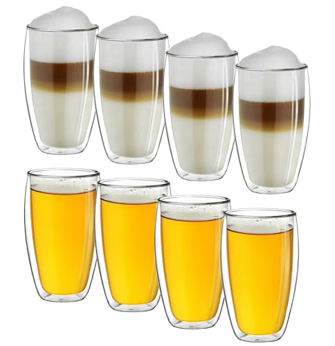 Creano Thermogläser doppelwandig 400ml „DG-SH“, 8er Set, große doppelwandige Gläser aus Borosilikatglas, Kaffeegläser, Teegläser, Latte Macchiato Gläser von Creano