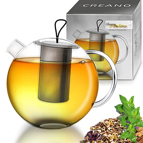 Creano XXL Teekanne Jumbo aus Glas, 3-teilige Glasteekanne im Teekannenset mit integriertem Edelstahl-Sieb & Glas-Deckel, multifunktionale Design-Glas-Teekanne, All-in-one, 2,0l von Creano