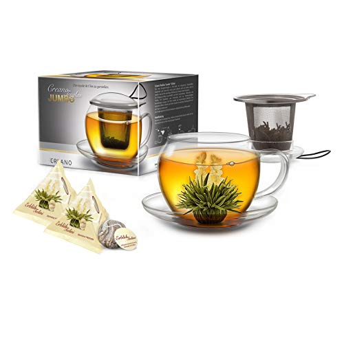 Creano XXL Teetasse mit Henkel Jumbo mit integriertem Edelstahlsieb, Deckel und Untersetzer im Set mit 2 ErblühTeelini, 450ml von Creano