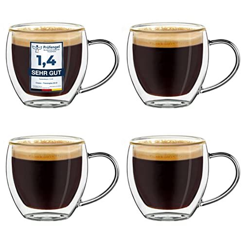 Creano doppelwandige Espresso-Gläser mit Henkel, 4er-Set 100ml, Mokkatassen, Thermo-Gläser mit Schwebe-Effekt von Creano