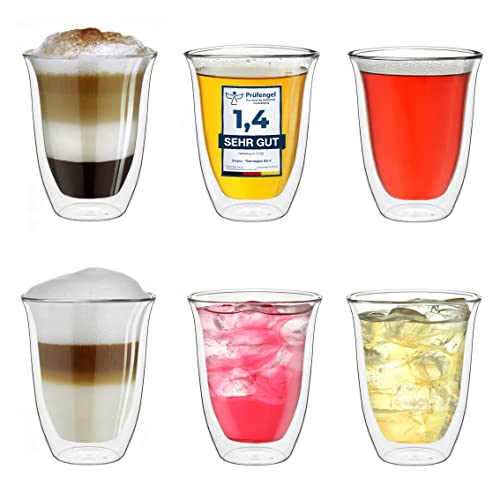 Creano doppelwandige Gläser 250ml „DG-V“, 6er Set, großes Thermoglas doppelwandig aus Borosilikatglas, Kaffeegläser, Teegläser, Latte Gläser, Doppelwandgläser von Creano