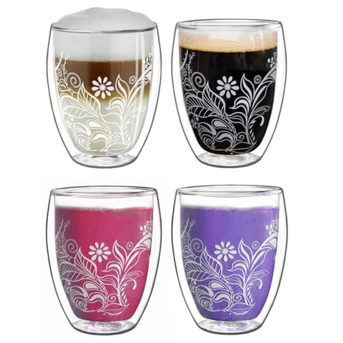 Creano doppelwandige Gläser 250ml Flowery White - Thermoglas mit Dekor - Doppelwandgläser im 4er Set von Creano