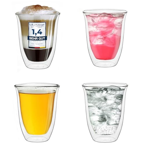 Creano doppelwandige Gläser 400ml „DG-V“, 4er Set, großes Thermoglas doppelwandig aus Borosilikatglas, Kaffeegläser, Teegläser, Latte Gläser, Doppelwandgläser von Creano