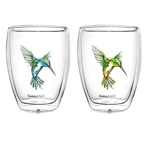 Creano doppelwandige Tee-Gläser, Cappuccino-Glas, Thermoglas Hummi im Kolibri Design, 2er Set, 250 ml in exklusiver Geschenkbox, blau/grün von Creano