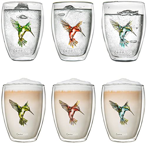 Creano doppelwandige Tee-Gläser, Cappuccino-Glas, Thermoglas Hummi im Kolibri Design, 6er Set, 250 ml in exklusiver Geschenkbox, blau/rot/grün von Creano