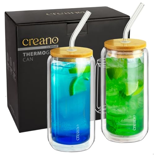 Creano doppelwandige Trinkgläser mit Bambusdeckel & Strohhalm 360ml - Smoothie Becher - Bubble Tea - Cocktailglas - 2er Set von Creano