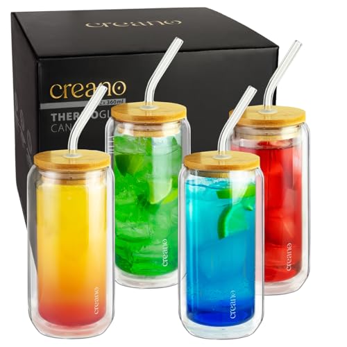 Creano doppelwandige Trinkgläser mit Bambusdeckel & Strohhalm 360ml - Smoothie Becher - Bubble Tea - Cocktailglas - 4er Set von Creano