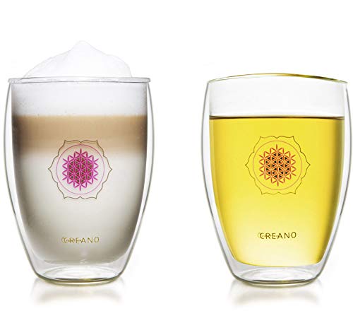 Creano doppelwandiges Tee-Glas, Latte Macchiato, Thermobecher Blume des Lebens | 250ml, in exklusiver Geschenkbox 2er Set von Creano