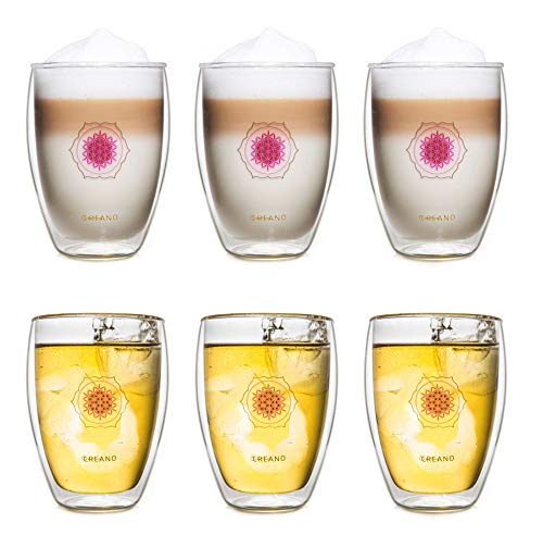 Creano doppelwandiges Tee-Glas, Latte Macchiato, Thermobecher Blume des Lebens | 250ml, in exklusiver Geschenkbox 6er Set von Creano