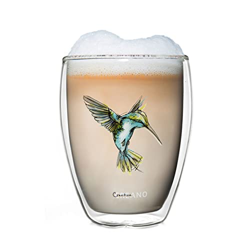 Creano doppelwandiges Tee-Glas, Latte Machiato, Thermobecher Kolibri | Glas mit Vogel Aufdruck | 250ml in exklusiver Geschenkbox, blau von Creano