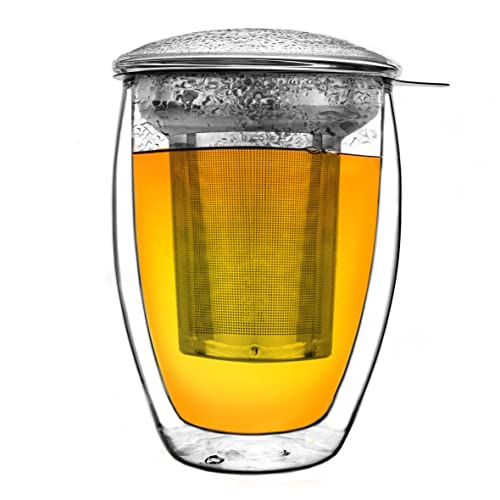 Creano doppelwandiges Teeglas mit Edelstahlfilter und Glasdeckel - 400ml von Creano
