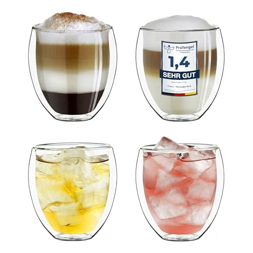 Creano doppelwandige Gläser 250ml „DG-Bauchig“, 4er Set, großes Thermoglas doppelwandig aus Borosilikatglas, Kaffeegläser, Teegläser, Latte Gläser, Doppelwandgläser von Creano