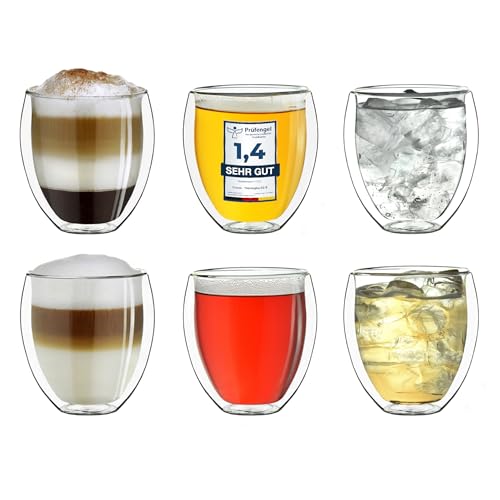 Creano doppelwandige Gläser 250ml „DG-Bauchig“, 6er Set, großes Thermoglas doppelwandig aus Borosilikatglas, Kaffeegläser, Teegläser, Latte Gläser, Doppelwandgläser von Creano