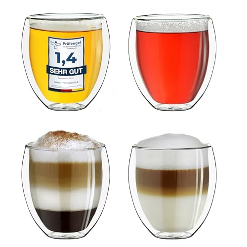 Creano doppelwandige Gläser 400ml „DG-Bauchig“, 4er Set, großes Thermoglas doppelwandig aus Borosilikatglas, Kaffeegläser, Teegläser, Latte Gläser, Doppelwandgläser von Creano