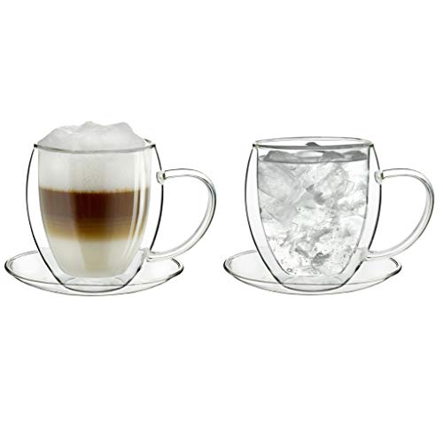 Creano doppelwandiges Thermoglas 250ml, 2er-Set, großes hitzebeständiges Teeglas BZW. Kaffeeglas aus Borosilikatglas, Tasse mit Untertasse, Glas von Creano