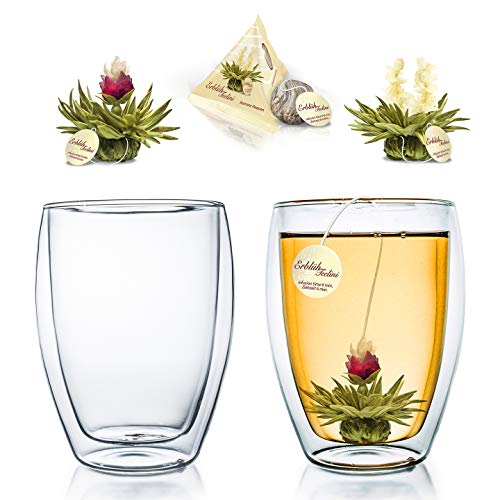 Creano Glas doppelwandiges Thermoglas 250ml „DG-Hoch“, 2er Set + 2 Teeblumen Erblühteelini Weißer Tee im Tassenformat von Creano