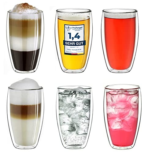 Creano doppelwandiges Thermoglas 400ml „DG-SH“, großes Doppelwandglas aus Borosilikatglas, doppelwandige Latte Macchiato Gläser, Kaffee, Tee, 6er Set von Creano