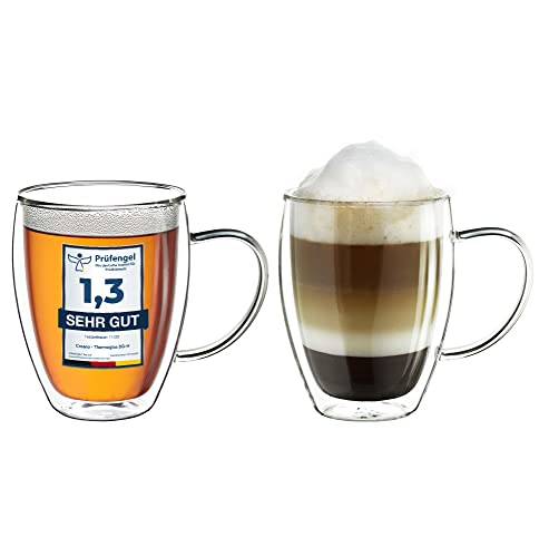 Creano doppelwandiges Thermoglas mit Henkel 250ml, großes Doppelwandglas aus Borosilikatglas, Kaffee-/Teeglas, 2er Set von Creano