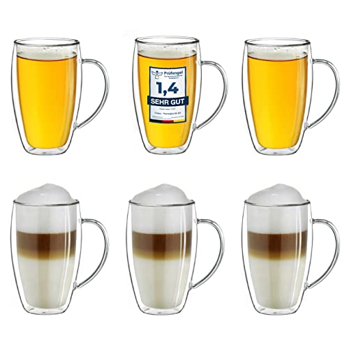 Creano doppelwandiges Thermoglas mit Henkel 250ml, großes Doppelwandglas aus Borosilikatglas, Kaffee-/Teeglas,6x 250ml von Creano