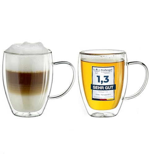 Creano doppelwandiges Thermoglas mit Henkel 400ml, großes Doppelwandglas aus Borosilikatglas, Kaffeegläser, Teegläser, Latte Gläser 2er Set von Creano