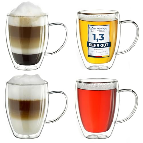 Creano doppelwandiges Thermoglas mit Henkel 400ml, großes Doppelwandglas aus Borosilikatglas, Kaffeegläser, Teegläser, Latte Gläser 4er Set von Creano