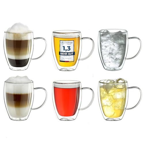 Creano doppelwandiges Thermoglas mit Henkel 400ml, großes Doppelwandglas aus Borosilikatglas, Kaffeegläser, Teegläser, Latte Gläser 6er Set von Creano