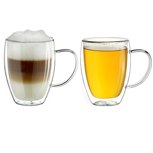 Creano doppelwandiges Thermoglas mit Henkel 400ml, großes Doppelwandglas aus Borosilikatglas, Kaffeegläser, Teegläser, Latte Gläser 2er Set von Creano