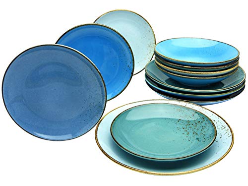 CreaTable, 20966, Serie NATURE COLLECTION AQUA, 12-teiliges Geschirrset, Teller Set aus Steinzeug, spülmaschinen- und mikrowellengeeignet, Qualitätsproduktion von Creatable