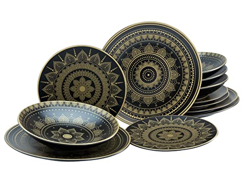 CreaTable, 23588, Serie MANDALA GOLD - schwarz, 12-teiliges Geschirrset, Teller Set aus Steinzeug, spülmaschinen- und mikrowellengeeignet, Qualitätsproduktion von Creatable