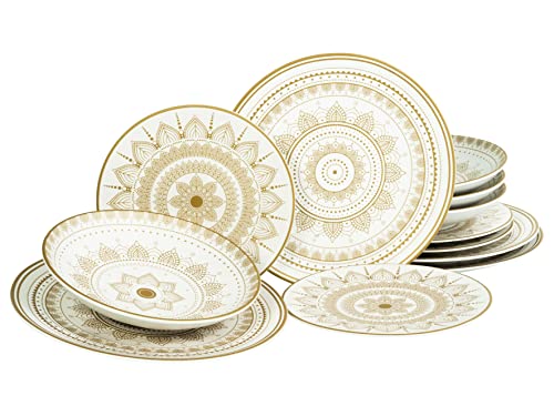 CreaTable, 23607, Serie MANDALA GOLD - weiss, 12-teiliges Geschirrset, Teller Set aus Steinzeug, spülmaschinen- und mikrowellengeeignet, Qualitätsproduktion von Creatable