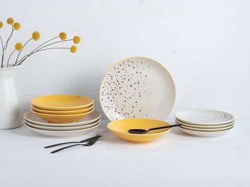 CreaTable, 24236, Serie Joy Dots Gelb, 12-teiliges Geschirrset für 4 Personen, Teller Set aus Steinzeug, spülmaschinen- und mikrowellengeeignet, Qualitätsproduktion CreaTable, 24236, Serie Joy Dots Gelb, 12-teiliges Geschirrset für 4 Personen, Teller Set aus Steinzeug, spülmaschinen- und mikrowellengeeignet, Qualitätsproduktion von Creatable
