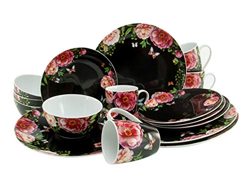 CreaTable schwarz, 22419, Serie Enjoy Roses, 16-teiliges Geschirrset, Kombiservice aus Porzellan, spülmaschinen-und mikrowellengeeignet, Made in Europe von Creatable