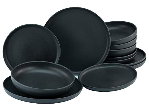 CreaTable, 22979, Serie uno BLACK, 12-teiliges Geschirrset, Teller Set aus Steinzeug, spülmaschinen- und mikrowellengeeignet, Made in Portugal von Creatable