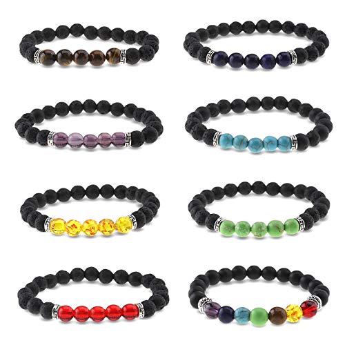 Create idea Chakren-Armbänder mit Lavasteinen, 8 mm, 7-farbig, Aromatherapie, Diffusor für ätherische Öle, elastische Steinperlen, Yoga-Armreif, für Herren und Damen, 8 Stück von Create idea
