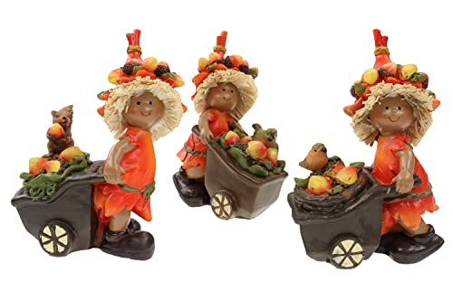 ELLUG 3er Set Wichtel im Blätterkleid mit Eicheln und Schubkarre, Herbst Halloween Deko Figuren aus Kunststein H.:18cm von ELLUG