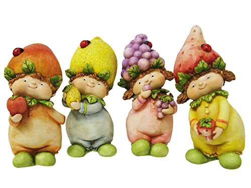 ELLUG 4er Set stehende Früchtekinder mit Früchtehut und Obst, Sommer Deko Figuren aus Kunststein H.: 16cm von ELLUG
