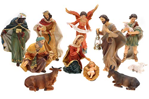 ELLUG Krippefiguren Set 11teilig, Höhe bis zu 19cm Laterne mit Licht, Weihnachtskrippe Figuren Krippenzubehör Weihnachtsdeko, aus Polyresin von ELLUG