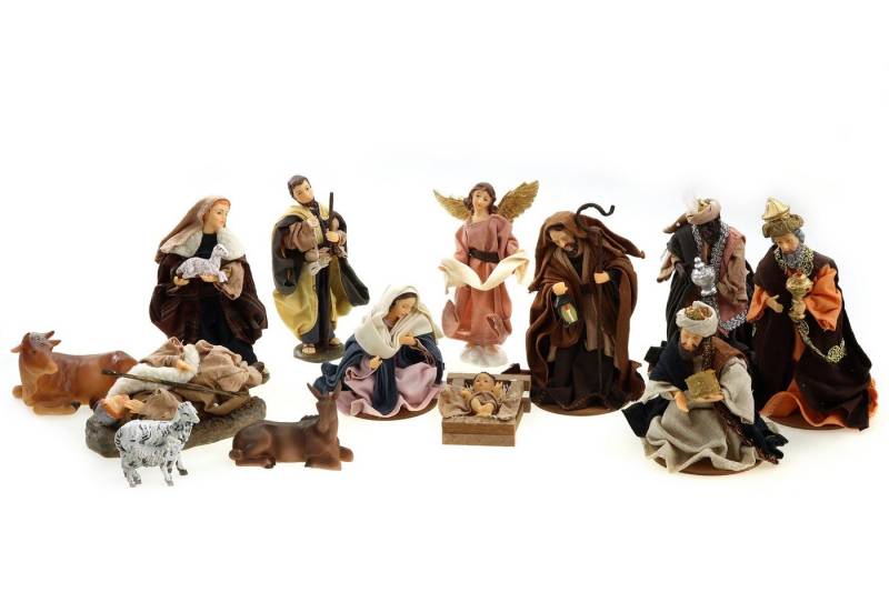 ELLUG Krippenfigur Krippenfiguren Set 13tlg mit Kleidern, Heilige Familie, Heilige 3 Könige, Engel & Hirten H.: 17cm Weihnachtskrippe Figuren Krippenzubehör Weihnachtsdeko (13 St) von ELLUG