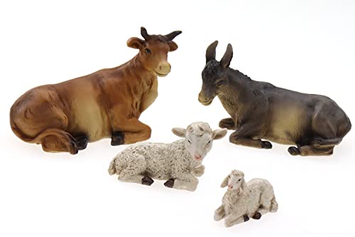 Krippenfiguren Tiere 4er Set Ochse, Esel, Schaf, Lamm als Ersatzfiguren Tierfiguren Krippenzubehör Weihnachtskrippe max. H.: 7,5cm / max. L.: 10cm von ELLUG