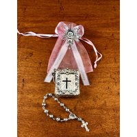 12 Silber Mini Bibeln Und Rosenkranz Personalisierte Rosa Erste Kommunion Bevorzugung Primera Comunion Recuerdo Con Rosario Personalizado von CreationsAndrea