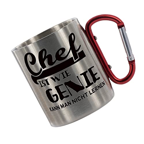 CreaLuxe Edelstahltasse mit Karabiner 'Chef ist wie Genie - kann Man Nicht Lernen' Tasse bedruckt, Kaffeetasse, Bürotasse, Metalltasse mit Name von Creativ Deluxe