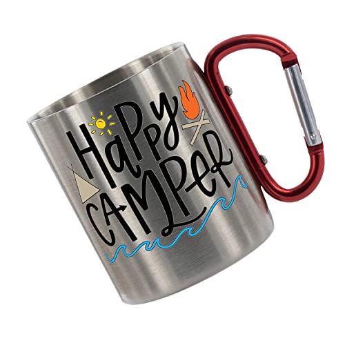 CreaLuxe Edelstahltasse mit Karabiner 'Happy Camper' Tasse bedruckt, Kaffeetasse, Bürotasse, Metalltasse mit Name von Creativ Deluxe