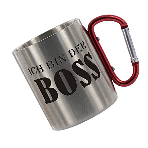 CreaLuxe Edelstahltasse mit Karabiner 'Ich Bin der Boss' Tasse bedruckt, Kaffeetasse, Bürotasse, Metalltasse mit Name von Creativ Deluxe