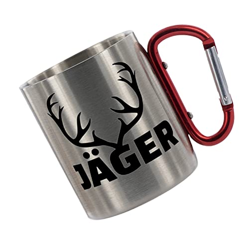 CreaLuxe Edelstahltasse mit Karabiner 'Jäger' Tasse bedruckt, Kaffeetasse, Bürotasse, Metalltasse mit Name von Creativ Deluxe