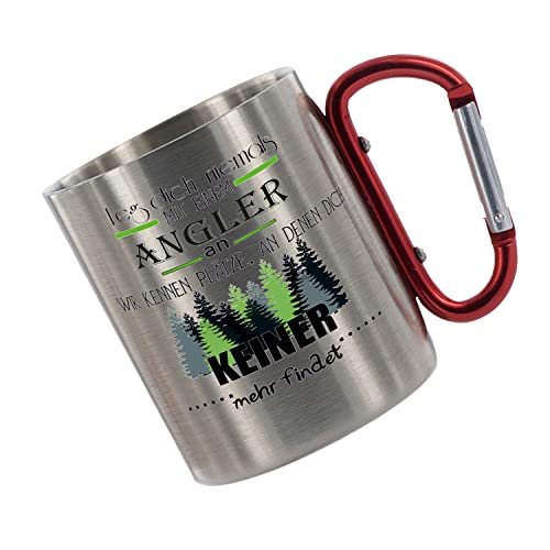 CreaLuxe Edelstahltasse mit Karabiner 'Leg dich niemals mit einem Angler an - wir kennen Plätze' Tasse bedruckt, Kaffeetasse, Bürotasse, Metalltasse mit Name von Creativ Deluxe