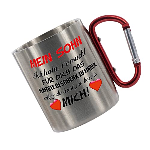 Crealuxe Edelstahltasse mit Karabiner 'Mein Sohn - Ich habe versucht für dich' Tasse personalisiert, Kaffeetasse, Bürotasse, Metalltasse mit Name von Crealuxe