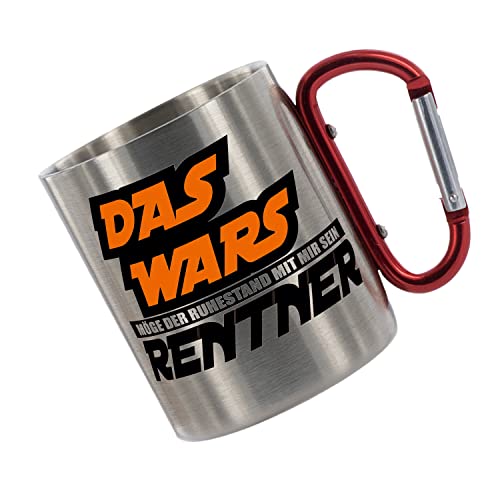 CreaLuxe Edelstahltasse mit Karabiner 'Rentner - das wars möge der Ruhestand mit mir sein.' Tasse bedruckt, Kaffeetasse, Bürotasse, Metalltasse mit Name von Creativ Deluxe